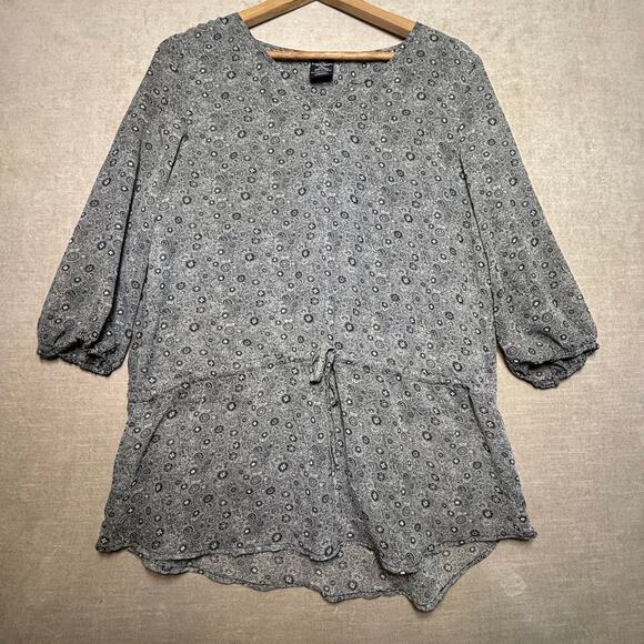 Faded Glory Gray Pattern Semi Sheer Blouse Tunic M Retro Flowy Casual Feminine - Picture 1 of 6
